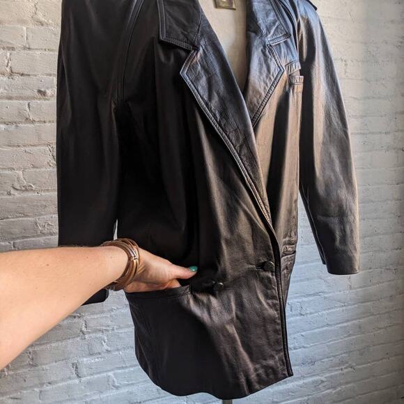 Vintage Minimalist Black Leather Duster Embroidered Biker Moto Goth Trench Coat - Picture 6 of 9